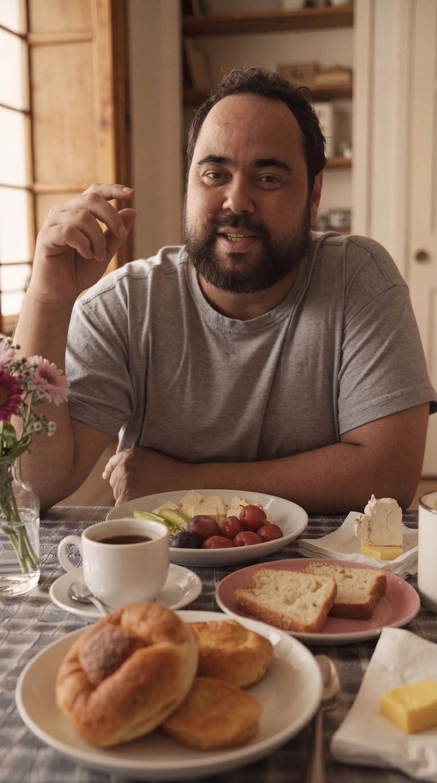 Amigo à mesa de um café da manhã caseiro, com café, pães, frutas e flores, fazendo o gesto de convite